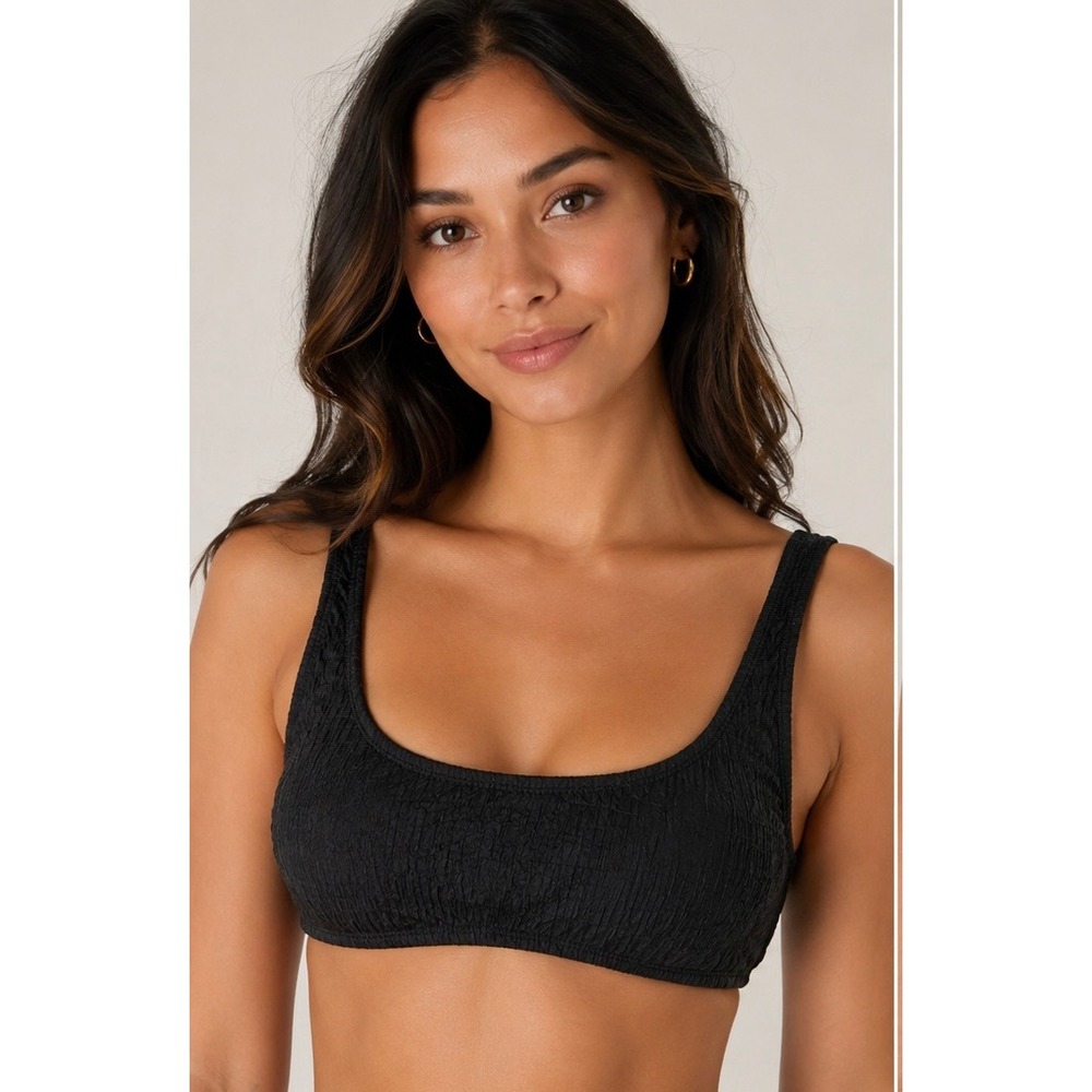 Simons Vision Womens Crinkle Textured Bikini Top Black Scoop Neck Size P-M NWT